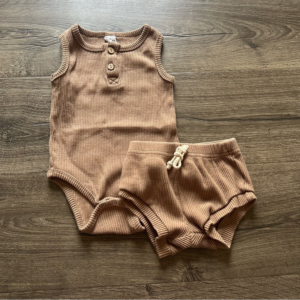 Kids Ribbed Tank Bodysuit & Shorts Matching Set - Brown